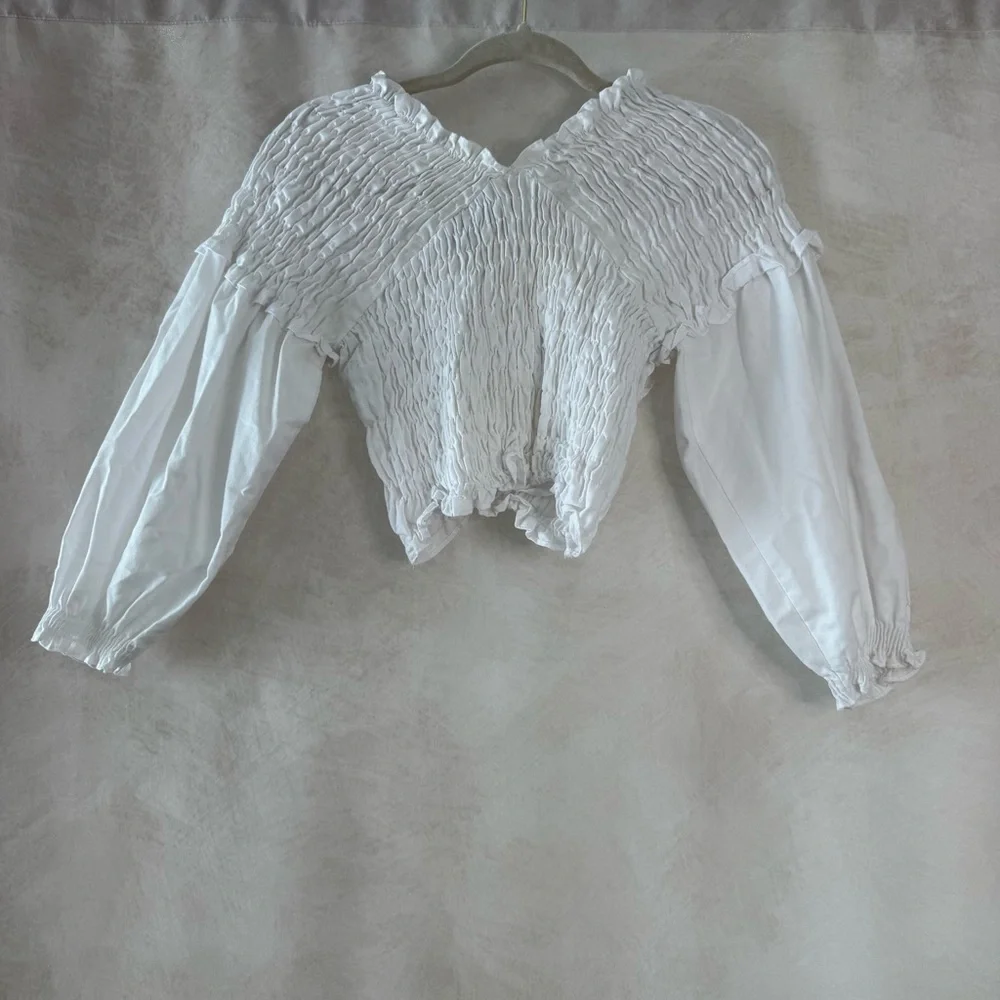 Zara White Crop Top Smocked Shirred Detail Blouse Bloggers Favorite